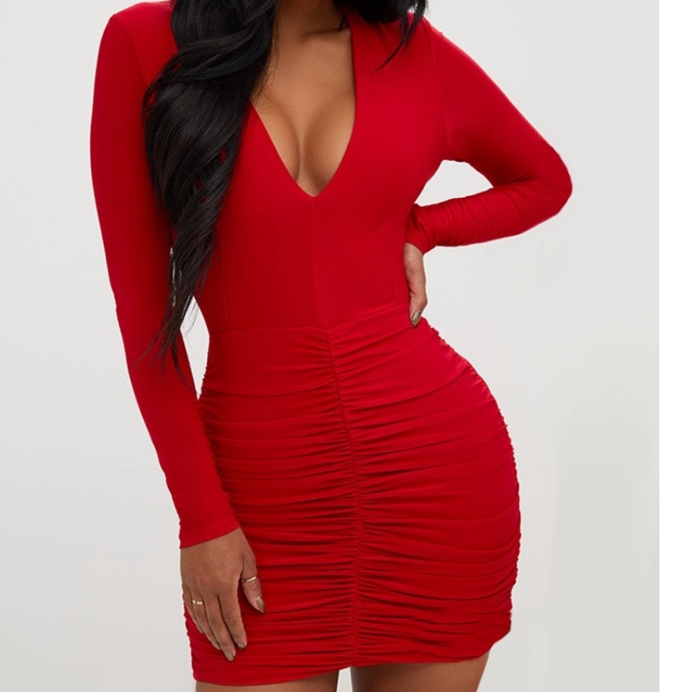 Red ruched v neck dress from pretty little things
